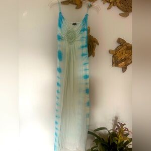 Blue and White Strapless Tie-Dye Maxi Dress